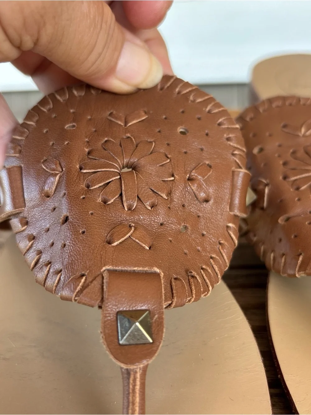 Jack Rogers Brown Leather T-Strap Sandals with Stud Detail 10 M